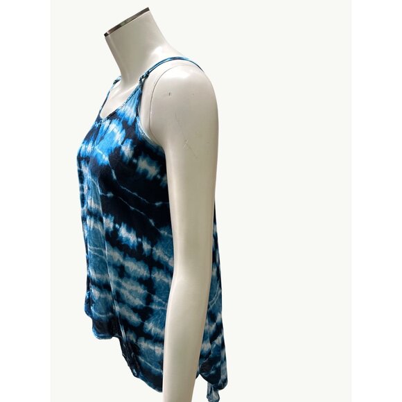 Cotton Express Blue Tie Dye Spaghetti Strap Rayon Hi Lo Blouse Size Small - Picture 2 of 8